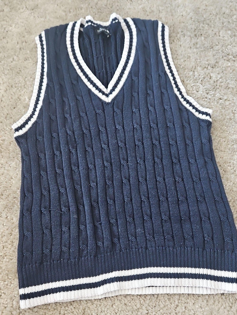 Fashion Nova Navy Cable-Knit V-Neck Sweater Vest with White Trim